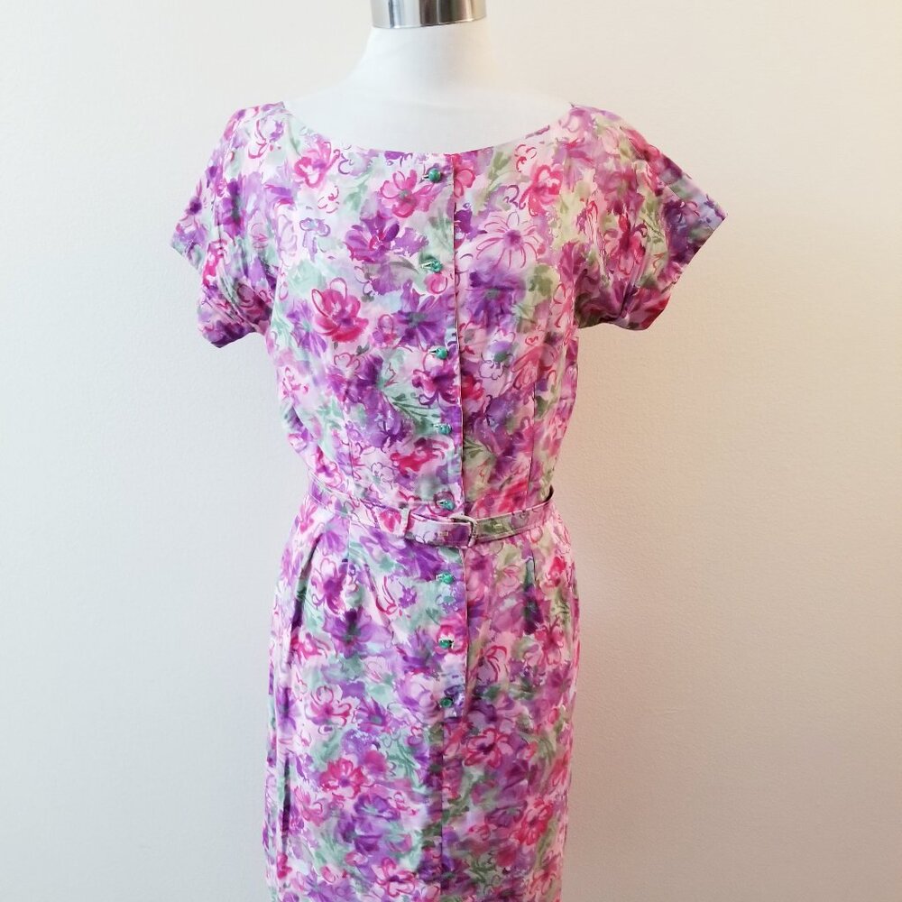 50s Vintage Cotton Floral Dress - Larger Size